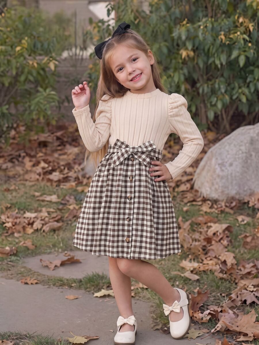 SHEIN Young Girl Bow Knit Plaid Puff Sleeve Dress, Daily, Vacation - Beige - View 1