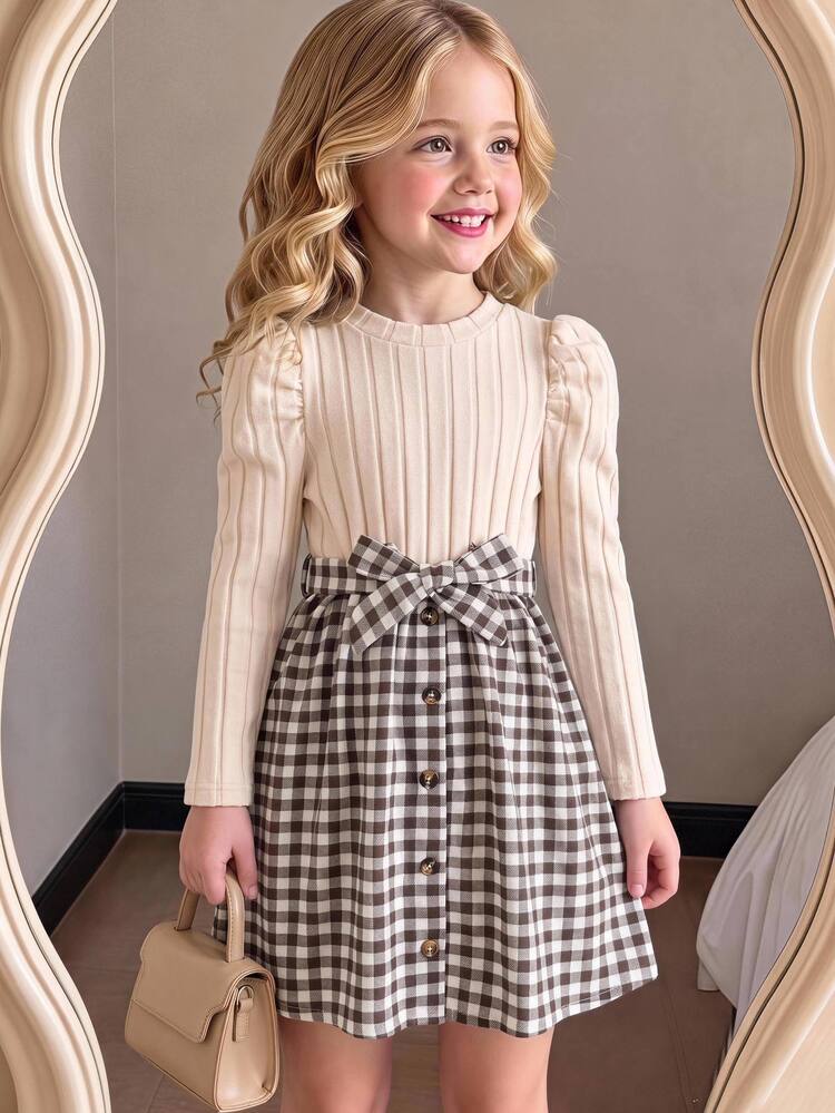 SHEIN Young Girl Bow Knit Plaid Puff Sleeve Dress, Daily, Vacation - Beige - View 3