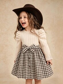 SHEIN Young Girl Bow Knit Plaid Puff Sleeve Dress, Daily, Vacation - Beige - View 8