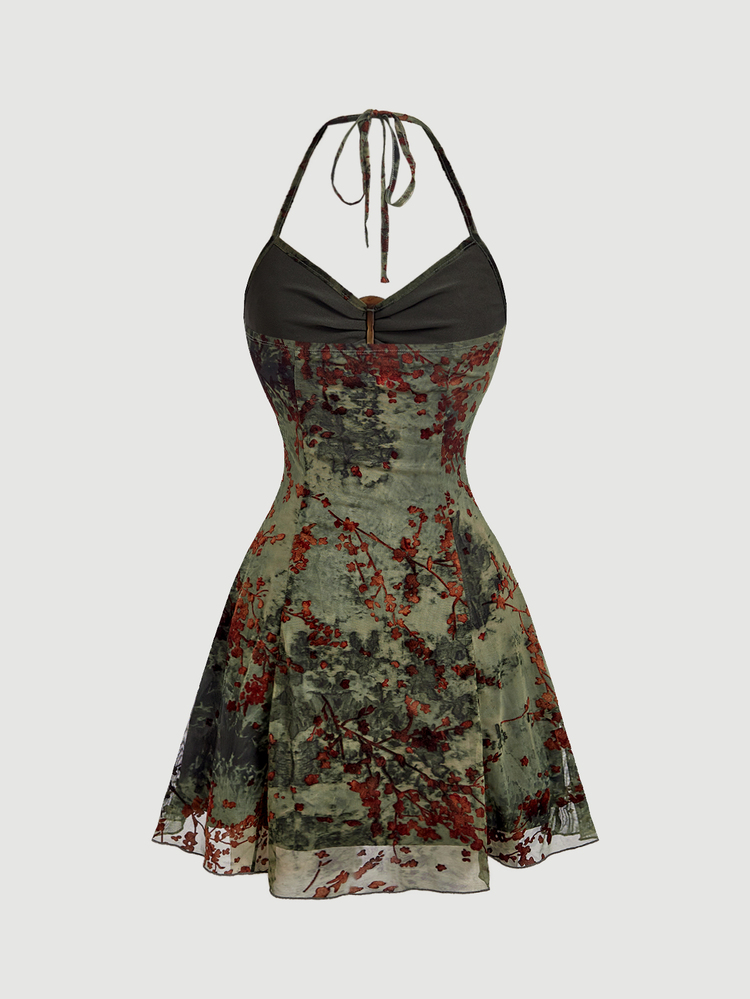 Skyraze Metal Buckle Flocked Halter Mini Dress Party Brunch Picnic Night Out Olive Green Autumn Sexy Gothic Rustic.Halloween Costume. Back To School.Campus - Multicolor - View 4