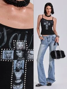 ROMWE Y2K Punk Girl Portrait Cross Print Rivet Decor Fitted Cropped Tank Top - Black - View 11