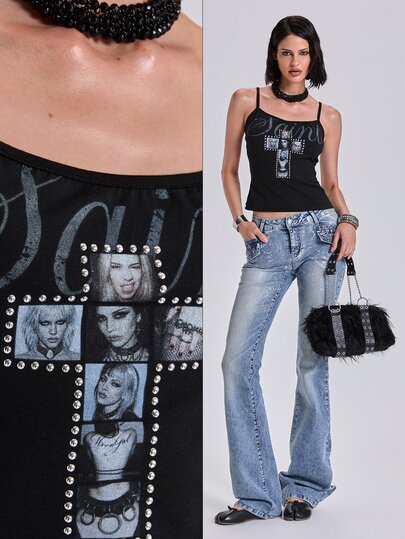 Top de tirantes corto ajustado con estampado de retrato de chica punk Y2K, estampado de cruz y decoración de remaches
