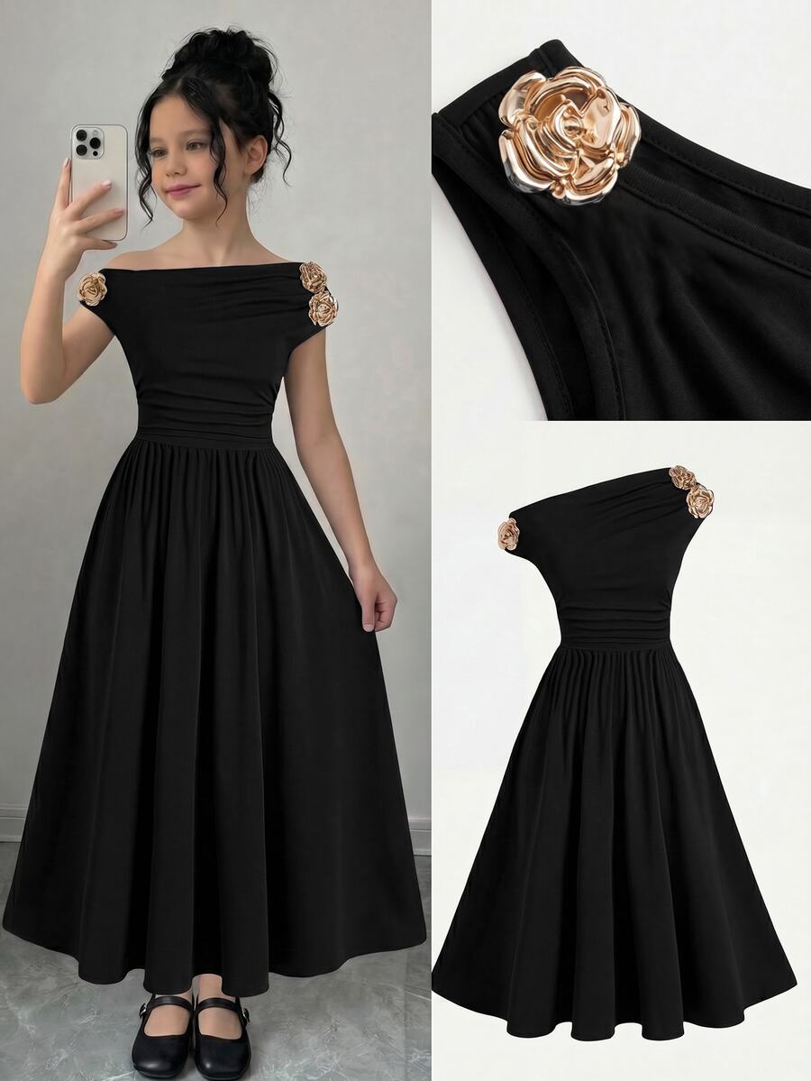 SHEIN Tween Girls Black Asymmetric Neck Elegant Dress - Black - View 1
