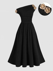 SHEIN Tween Girls Black Asymmetric Neck Elegant Dress - Black - View 2