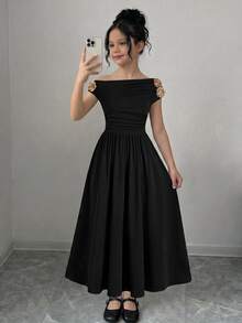 SHEIN Tween Girls Black Asymmetric Neck Elegant Dress - Black - View 4