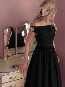 SHEIN Tween Girls Black Asymmetric Neck Elegant Dress - Black - View 3