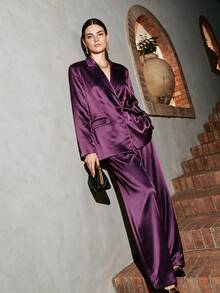 Anewsta Autumn/Winter New Purple Satin Elegant Elegant Commute Workplace Gathering Women's Suit Set - Purple - View 7