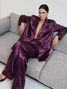 Anewsta Autumn/Winter New Purple Satin Elegant Elegant Commute Workplace Gathering Women's Suit Set - Purple - View 6