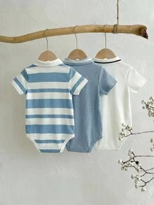SHEIN 3件組男嬰藍白條紋夏季可愛親子款短袖 Polo 領連身衣，適合生日派對、婚禮、寶寶迎新派對、表演場合 - 彩色 - 查看 2