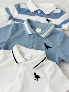SHEIN 3件組男嬰藍白條紋夏季可愛親子款短袖 Polo 領連身衣，適合生日派對、婚禮、寶寶迎新派對、表演場合 - 彩色 - 查看 4