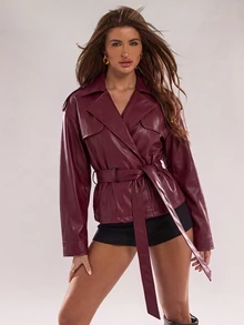 SHEIN BAE 女款素色腰部打結休閒百搭日常旅行風衣外套 - 酒紅色 - 查看 3