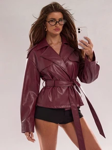 SHEIN BAE 女款素色腰部打結休閒百搭日常旅行風衣外套 - 酒紅色 - 查看 7