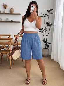 Enliva Plus Size Elastic Waist Woven Casual Six-Point Shorts - Blue - View 3