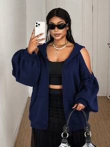 Maweii Plus Size Zipper Cold Shoulder Hooded Fashion Sweatshirt Winter - Navy Blue - View 5