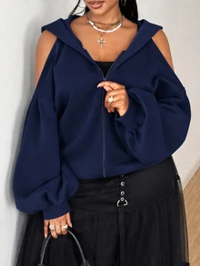 Maweii Plus Size Zipper Cold Shoulder Hooded Fashion Sweatshirt Winter - Navy Blue - View 1