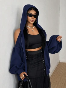 Maweii Plus Size Zipper Cold Shoulder Hooded Fashion Sweatshirt Winter - Navy Blue - View 2