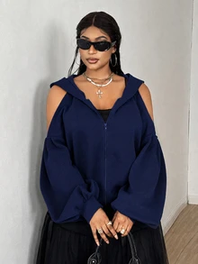 Maweii Plus Size Zipper Cold Shoulder Hooded Fashion Sweatshirt Winter - Navy Blue - View 3
