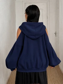 Maweii Plus Size Zipper Cold Shoulder Hooded Fashion Sweatshirt Winter - Navy Blue - View 6