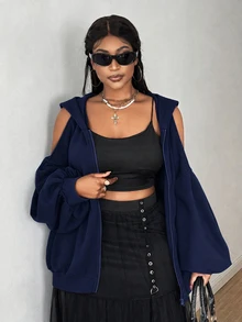 Maweii Plus Size Zipper Cold Shoulder Hooded Fashion Sweatshirt Winter - Navy Blue - View 4
