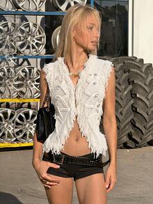 Soleia Women's Tassel Design Knitted Cardigan Vest Vacation Off-White Autumn Boho - White - View 7