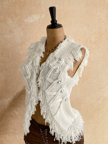 Soleia Women's Tassel Design Knitted Cardigan Vest Vacation Off-White Autumn Boho - White - View 9