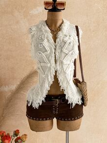 Soleia Women's Tassel Design Knitted Cardigan Vest Vacation Off-White Autumn Boho - White - View 1