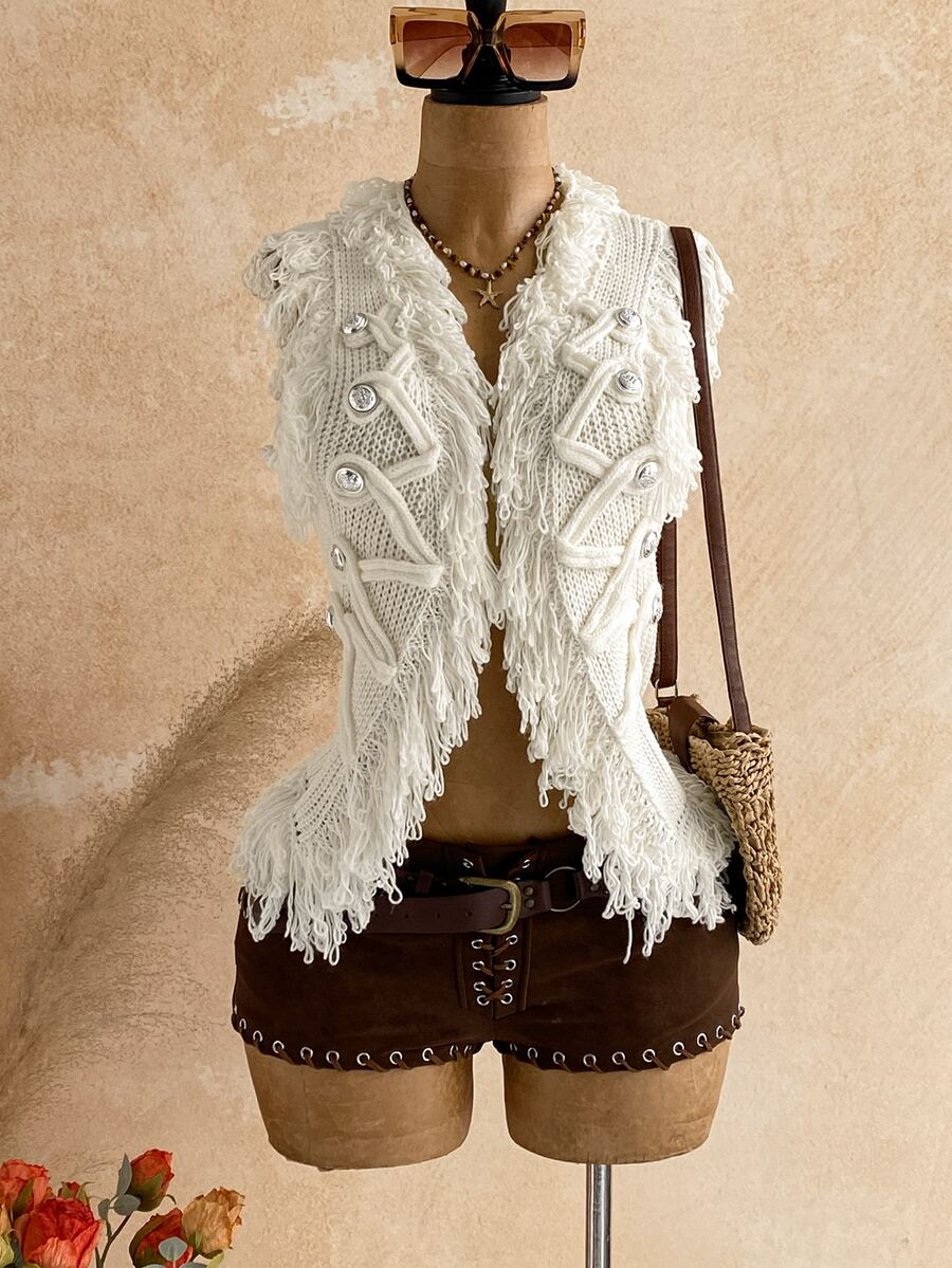 Soleia Women's Tassel Design Knitted Cardigan Vest Vacation Off-White Autumn Boho - White - View 1