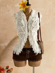 Soleia Women's Tassel Design Knitted Cardigan Vest Vacation Off-White Autumn Boho - White - View 14