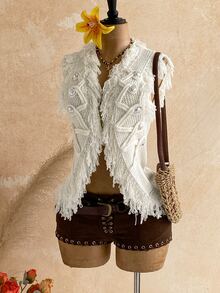 Soleia Women's Tassel Design Knitted Cardigan Vest Vacation Off-White Autumn Boho - White - View 13