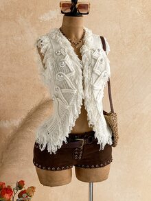 Soleia Women's Tassel Design Knitted Cardigan Vest Vacation Off-White Autumn Boho - White - View 3