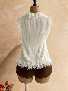 Soleia Women's Tassel Design Knitted Cardigan Vest Vacation Off-White Autumn Boho - White - View 2