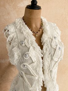 Soleia Women's Tassel Design Knitted Cardigan Vest Vacation Off-White Autumn Boho - White - View 12