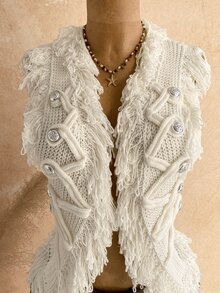 Soleia Women's Tassel Design Knitted Cardigan Vest Vacation Off-White Autumn Boho - White - View 4