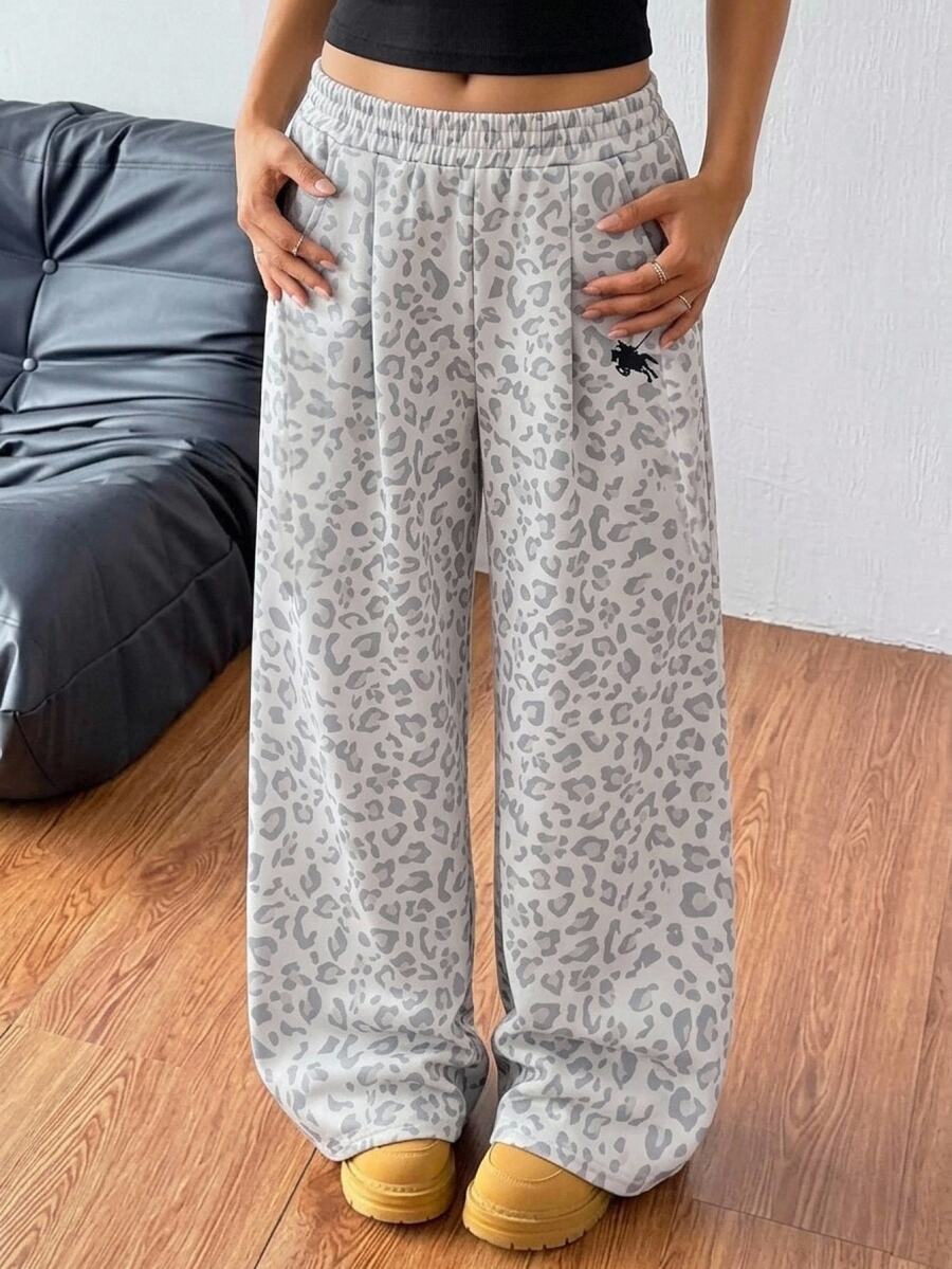 Tween Girls Knit Khaki Kids Loose Casual Versatile Leopard Print Pocket Wide Leg Sweatpants - Khaki - View 1