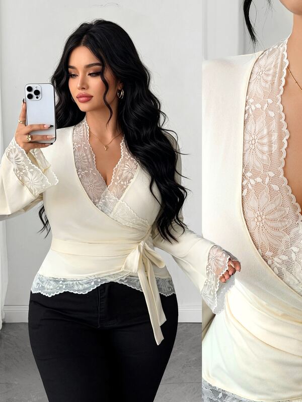 Elenzga Plus Size Women's Autumn/Winter Long Sleeve Fitted Lace Trim Tie-Up Casual Home & Outdoor Elegant Versatile Long Sleeve T-Shirt Fall