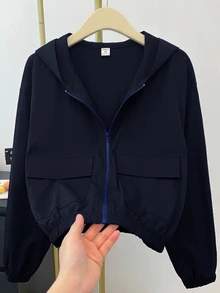 SHEIN 青少年女孩秋/冬新款黑色梭織純色貼袋短版寬鬆休閒連帽夾克，返校季 - 藍色 - 查看 1