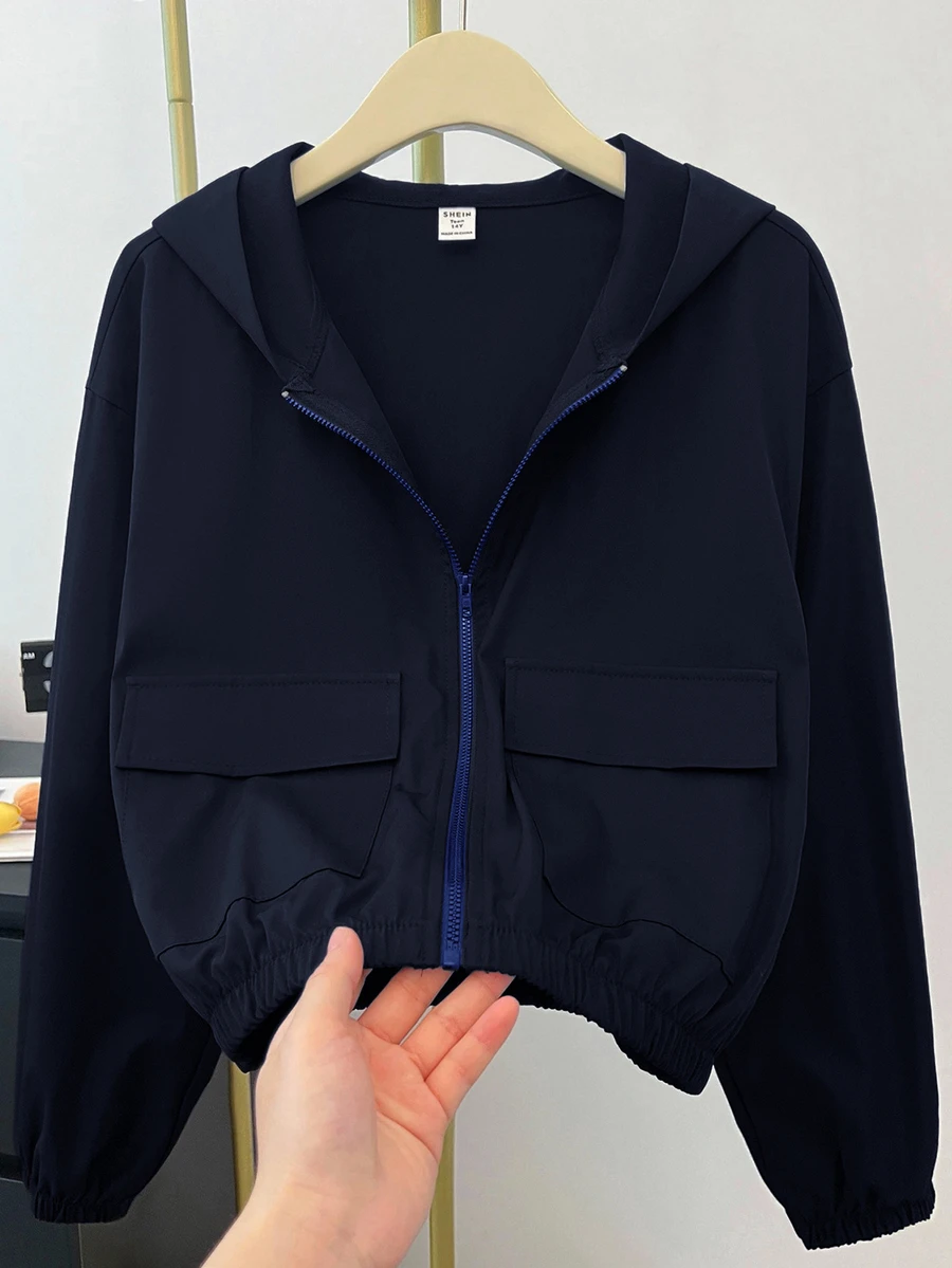 SHEIN 青少年女孩秋/冬新款黑色梭織純色貼袋短版寬鬆休閒連帽夾克,返校季 - 藍色 - 查看 1