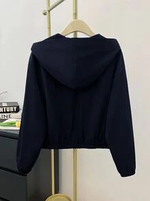 SHEIN 青少年女孩秋/冬新款黑色梭織純色貼袋短版寬鬆休閒連帽夾克，返校季 - 藍色 - 查看 2