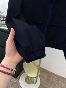 SHEIN 青少年女孩秋/冬新款黑色梭織純色貼袋短版寬鬆休閒連帽夾克，返校季 - 藍色 - 查看 5