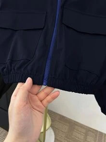 SHEIN 青少年女孩秋/冬新款黑色梭織純色貼袋短版寬鬆休閒連帽夾克，返校季 - 藍色 - 查看 4