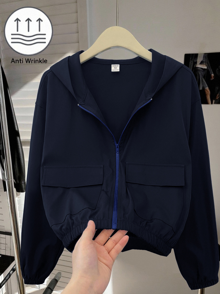 SHEIN Tween Girls Jackets Autumn/Winter Kids New Black Woven Solid Color Patch Pocket Short Loose Casual Hooded Jacket, Back To School Season - Blue - View 3