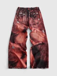 ROMWE MEN New Men's American Vintage Distressed Gradient Water Ripple Print Niche Washed Loose Soft Denim Jeans, Casual Versatile All-Season - Multicolor - View 2