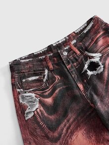 ROMWE MEN New Men's American Vintage Distressed Gradient Water Ripple Print Niche Washed Loose Soft Denim Jeans, Casual Versatile All-Season - Multicolor - View 3