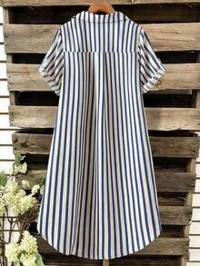 EMERY ROSE New V-Neck Striped Loose Casual Long Button Dress For Women - Navy Blue - View 2