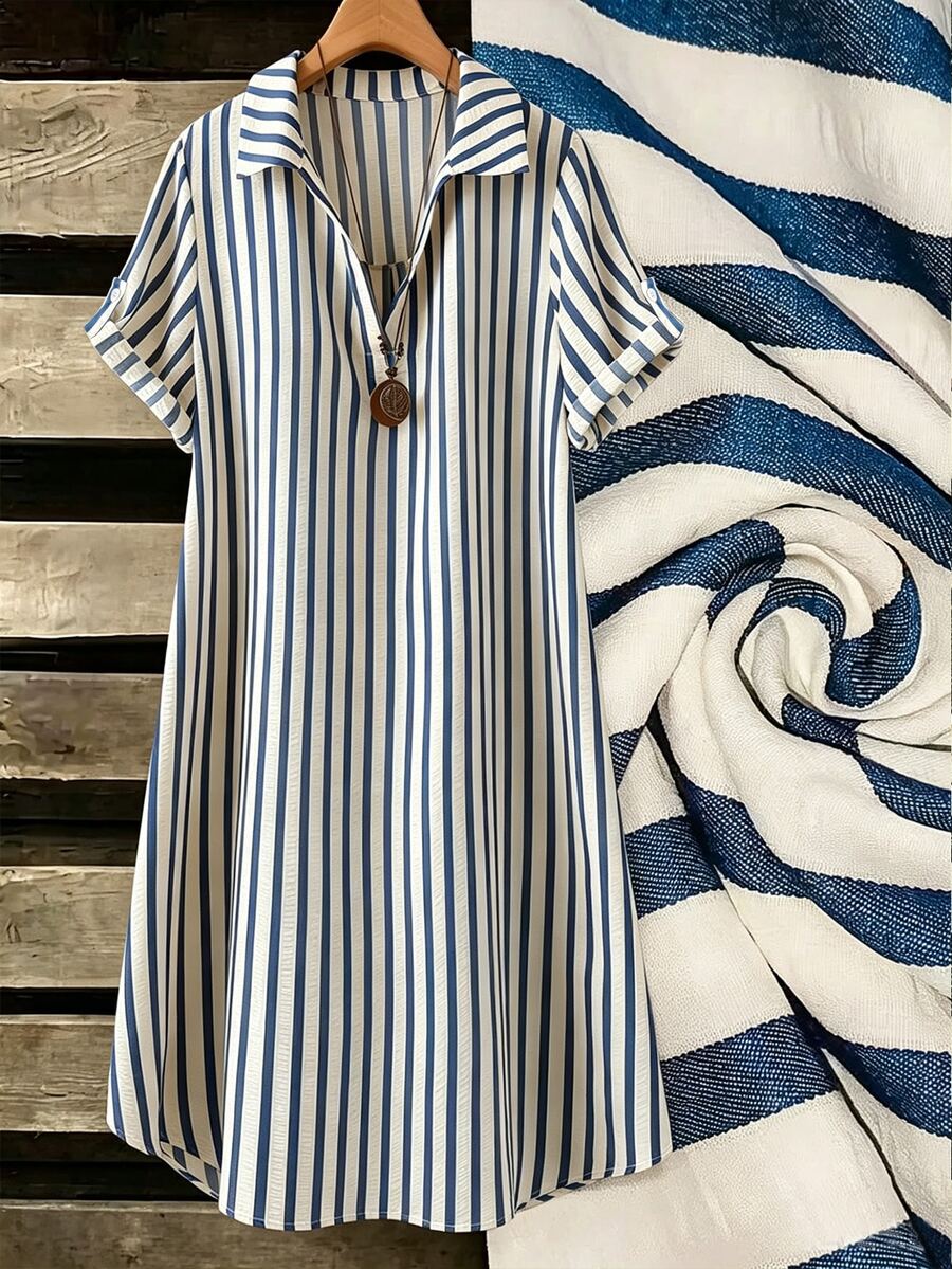 EMERY ROSE New V-Neck Striped Loose Casual Long Button Dress For Women - Navy Blue - View 1