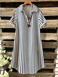 EMERY ROSE New V-Neck Striped Loose Casual Long Button Dress For Women - Navy Blue - View 4