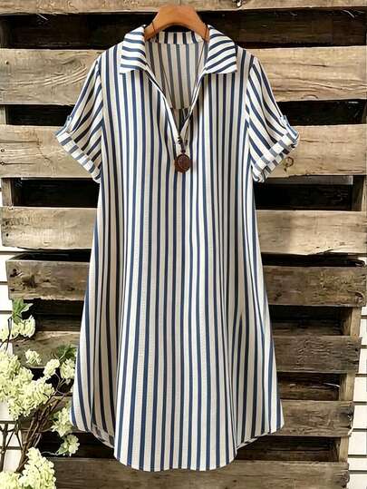 EMERY ROSE New V-Neck Striped Loose Casual Long Button Dress For Women