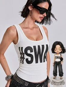 ROMWE Y2K Punk Swag Print Rivet Decor Ribbed Fitted Cropped Tank Top 95% Cotton - White - View 11
