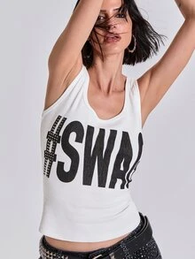 ROMWE Y2K Punk Swag Print Rivet Decor Ribbed Fitted Cropped Tank Top 95% Cotton - White - View 9