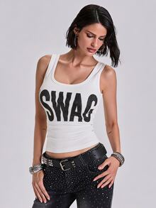 ROMWE Y2K Punk Swag Print Rivet Decor Ribbed Fitted Cropped Tank Top 95% Cotton - White - View 5